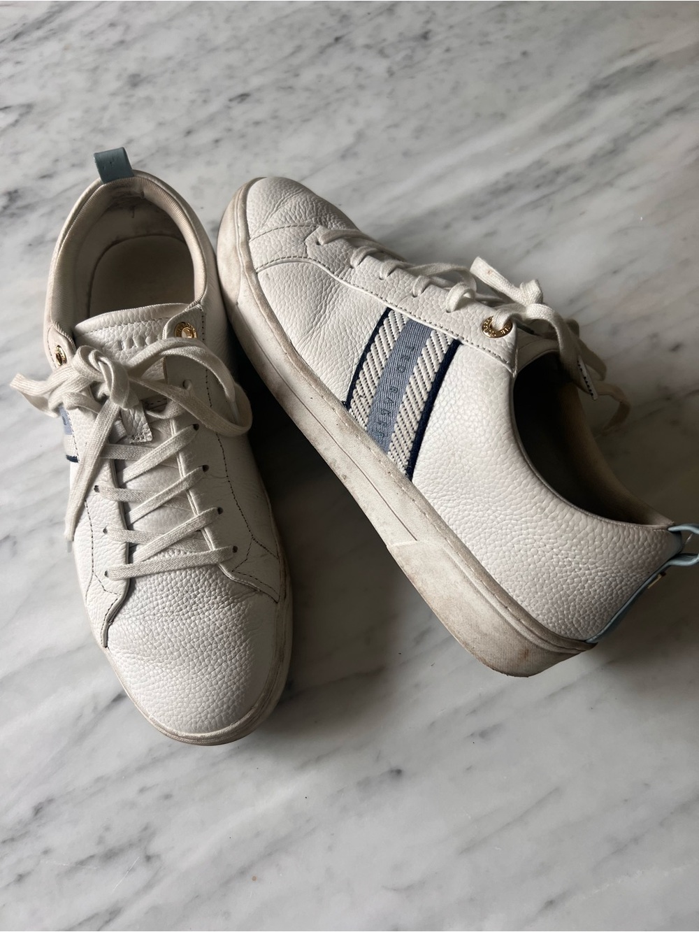 Ted Baker ‘Bailey Icon’ White Leather Sneakers with Navy Stripe Accents
